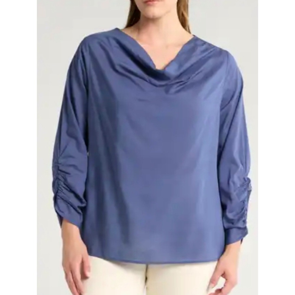 Harshman Dania Blouse Rhythm Blue Cowl Neck Ruched Sleeve 100% Tencel 3X NWT